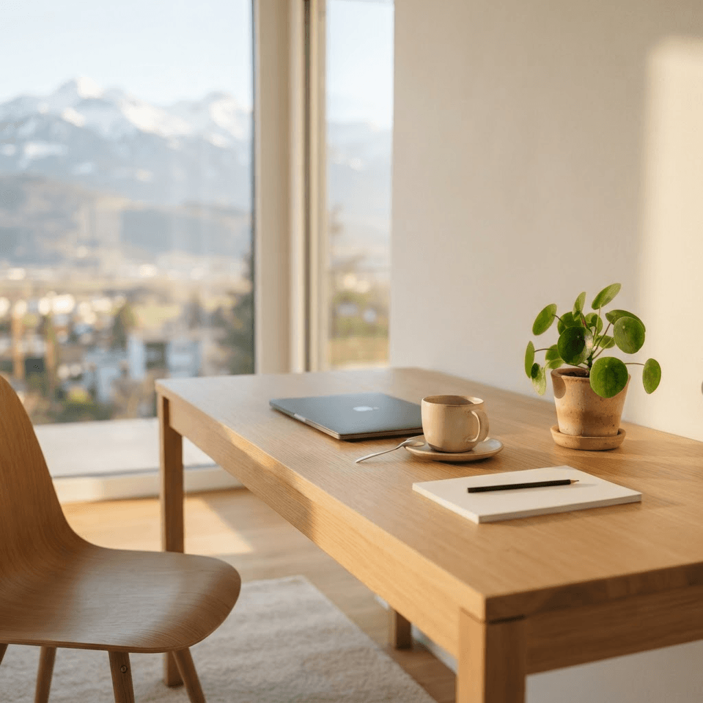 Aufgeräumter Arbeitsplatz in einem Schweizer Büro im warmen Morgenlicht, im Hintergrund unscharf die Berge