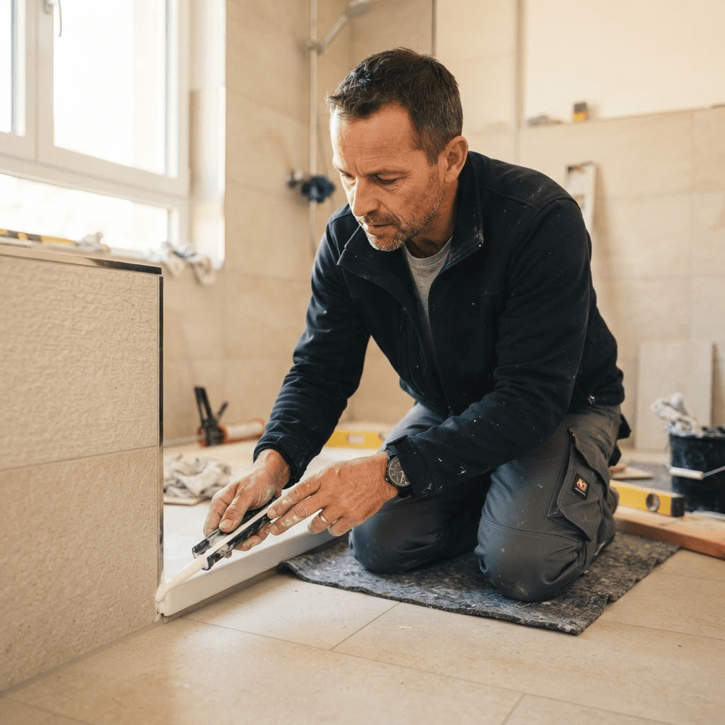 Handwerker verfugt eine Dusche in einem hellen, neu sanierten Badezimmer