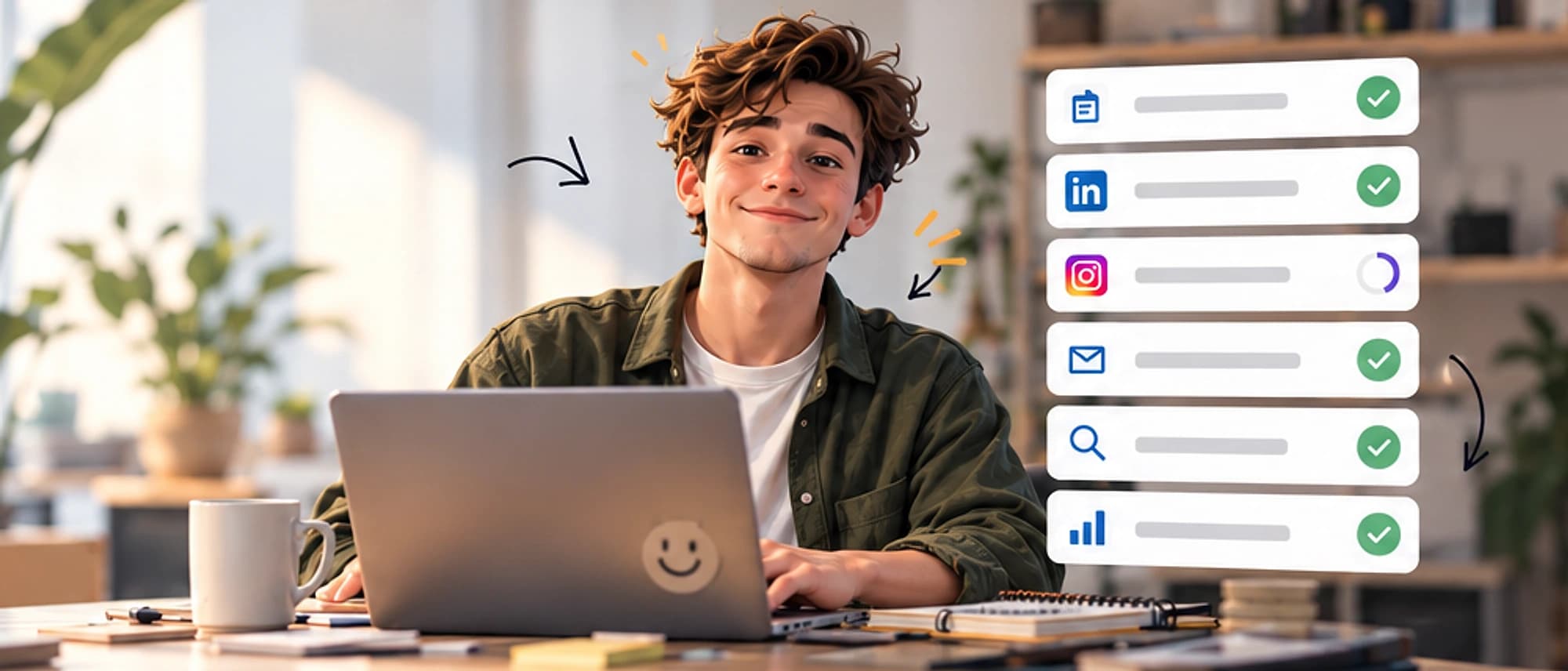 Justus, Ihr digitaler Marketingpraktikant, sitzt freundlich lächelnd am Laptop neben seinen erledigten Aufgaben für Blog, LinkedIn, Instagram, Newsletter, SEO und Reportings
