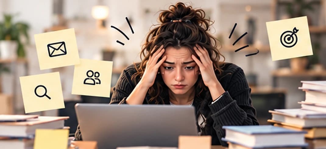 Überlasteter Marketingalltag zwischen E-Mails, Recherche und offenen Aufgaben