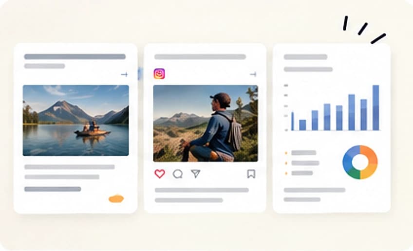 Beispielhafte Ergebnisse von Justus: Blogbeitrag, Social-Media-Post und Marketingreporting