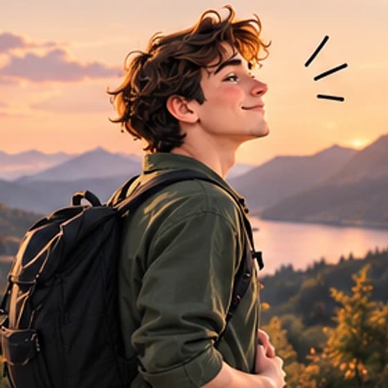 Justus blickt entspannt bei Sonnenuntergang über die Schweizer Berge und den See
