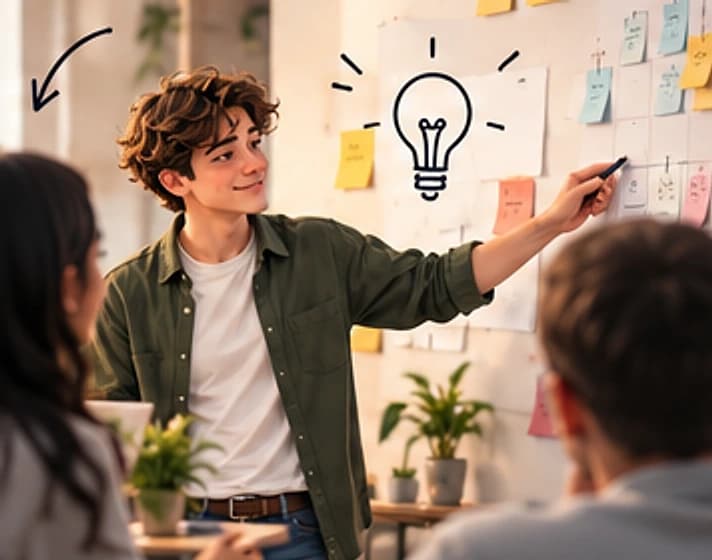 Justus entwickelt gemeinsam mit dem Team Marketing-Ideen am Whiteboard